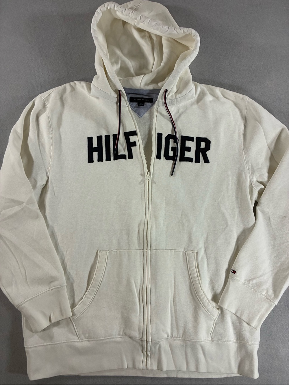 Tommy Hilfiger Cream Full-Zip Hoodie with Navy Logo. Men’s 2XL. Like New